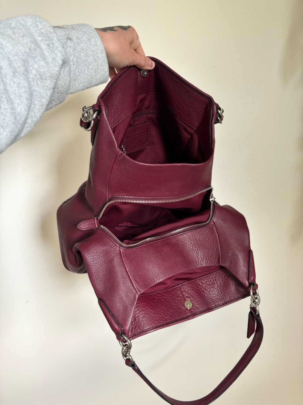 COACH Phoebe Pebbled Leather Shoulder Bag In Burgundy - Picture 5 of 9